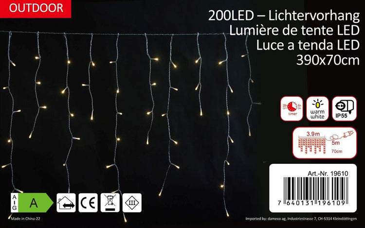 LED Lichtervorhang Outdoor "Icicle" Total 200 LED, mit 40 Strängen, B:390cm H:70cm| warm weisses Licht