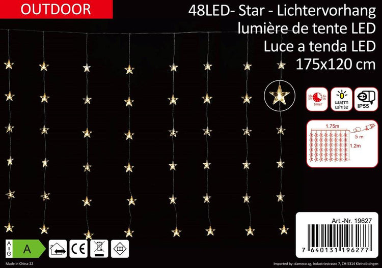 LED Lichtervorhang Outdoor mit Sternen 48 LED B:175cm H:120cm | warm weisses Licht